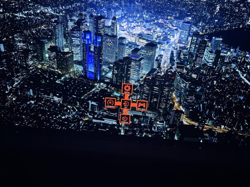 AORUS FO48U OSD root menu showing Setting, Dashboard, Exit, Game Assist, Power Off tiles in orange Aorus theme