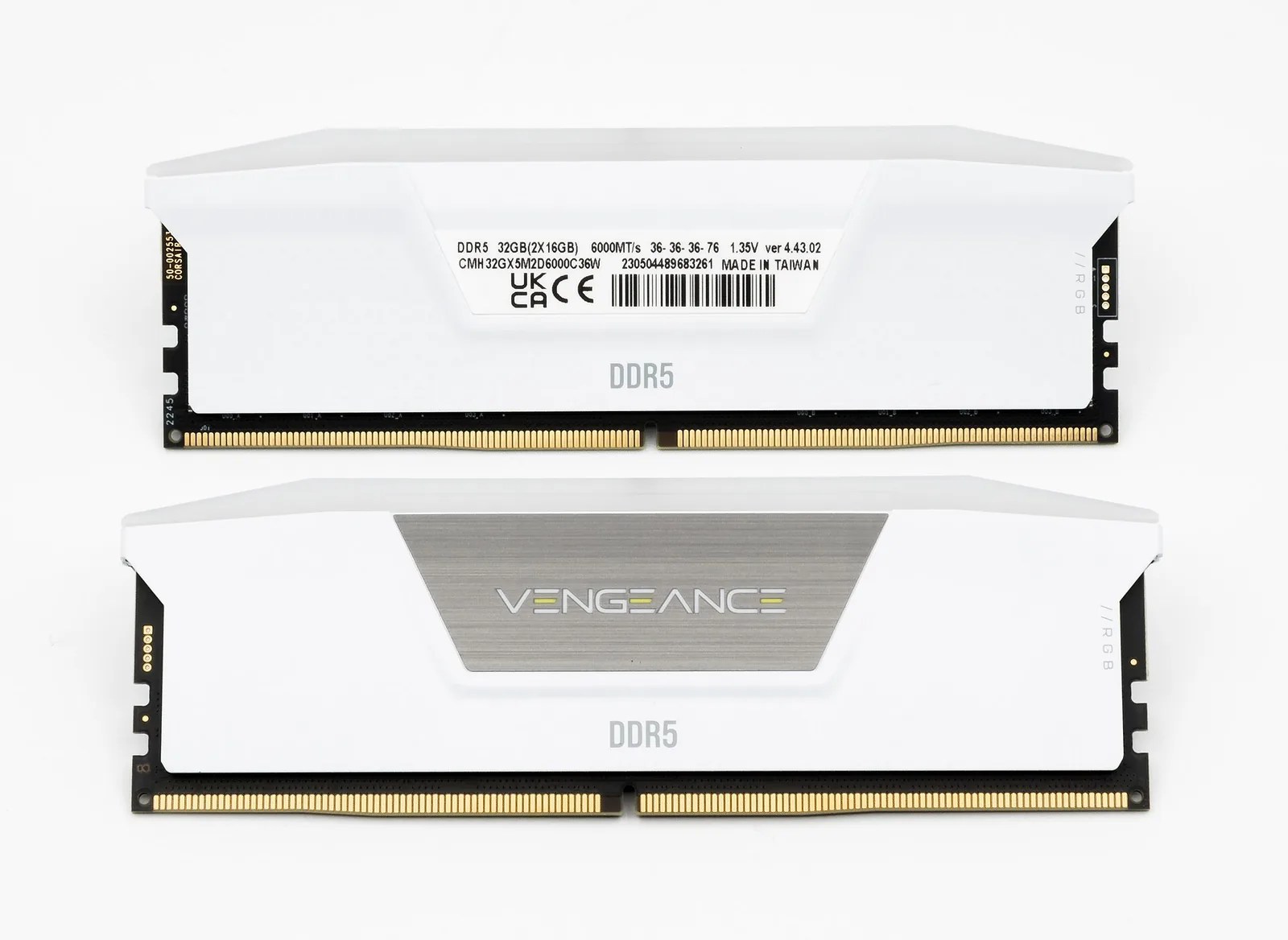 Two white Corsair Vengeance RGB DDR5-6000 CL36 modules from a 32GB kit, photographed one above the other on a white background
