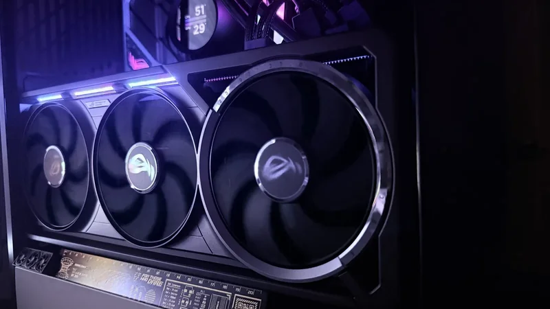 ASUS ROG Astral RTX 5080 OC installed in my own case, three Axial-tech fans facing out, the RGB top bar lit blue to purple