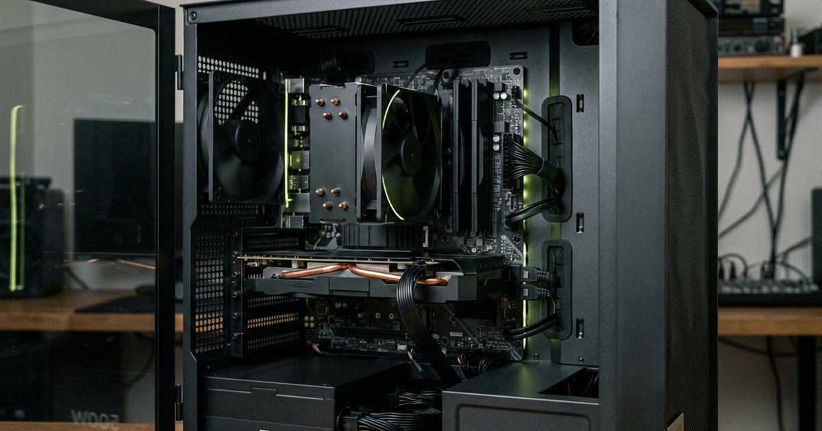 A budget AM5 1080p gaming PC: AMD Ryzen 5 7600, Radeon RX 9060 XT, a micro-ATX B650 board, 16GB DDR5-6000, a 1TB Gen4 NVMe and a 650W ATX 3.1 power supply in a mesh airflow case.