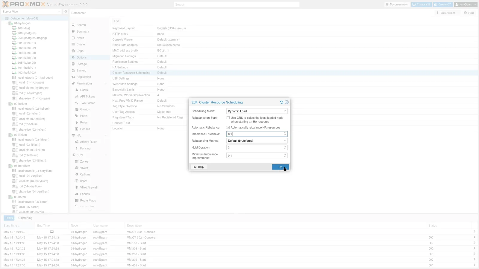 Screenshot of the Proxmox Virtual Environment 9.2 web interface, datacenter options open with the Cluster Resource Scheduling dialog on screen